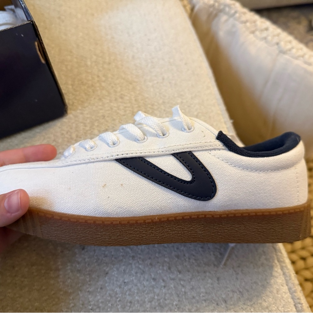 Tretorn White and Navy Canvas Sneakers